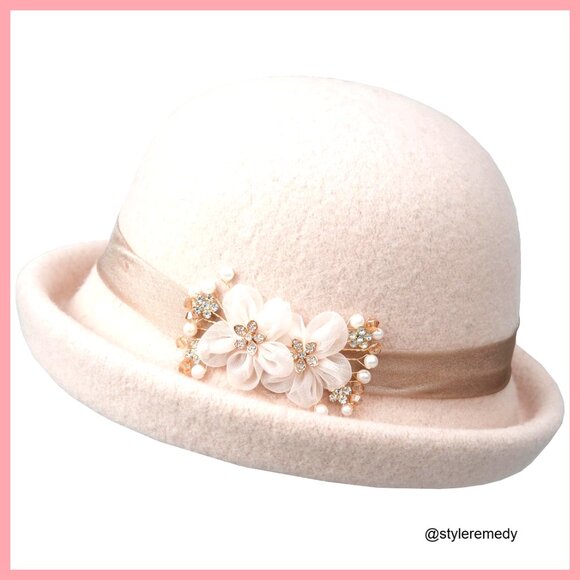 Wool Felt Floral Bucket Hat, Vintage Cloche Fedora for Women main image 5